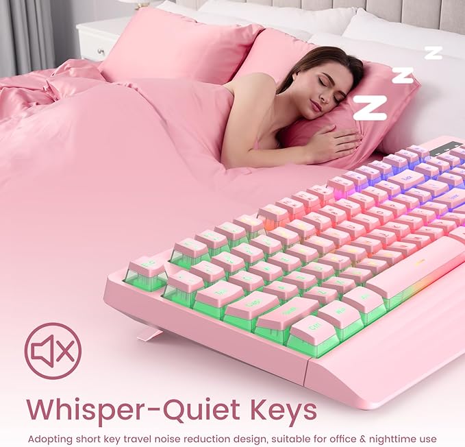 Pink Creamy Keyboard, Rainbow LED Backlit, 104 Keys Silent Light Up Gaming Keyboard with Wrist Rest, PBT Keycap, Anti-ghosting, Waterproof USB Wired Computer Keyboard for PC Mac Xbox