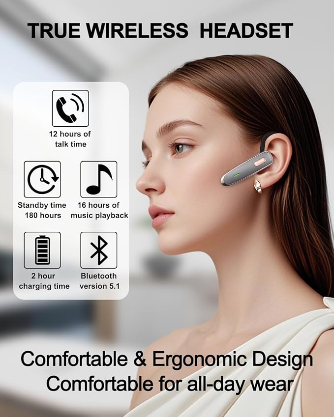 Bluetooth Earpiece, V5.1 Ultralight Wireless Handsfree Headset for Cell Phone with Noise Cancellation Microphone for iOS Android Samsung Laptop Trucker Driver - Grey