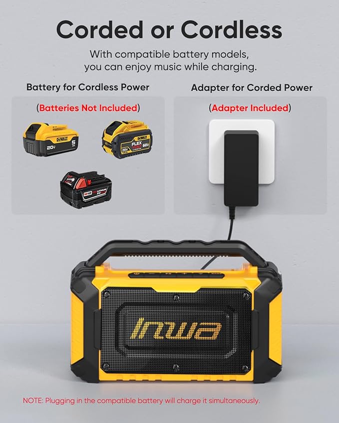 Inwa Jobsite Bluetooth Speakers, 60W Outdoor Portable Wireless Speakers, Compatible with DeWalt & Milwaukee Battery, Loud Boombox w/Bass, RGB Lights & Aux, for Work/Workshop/Garage(Golden)