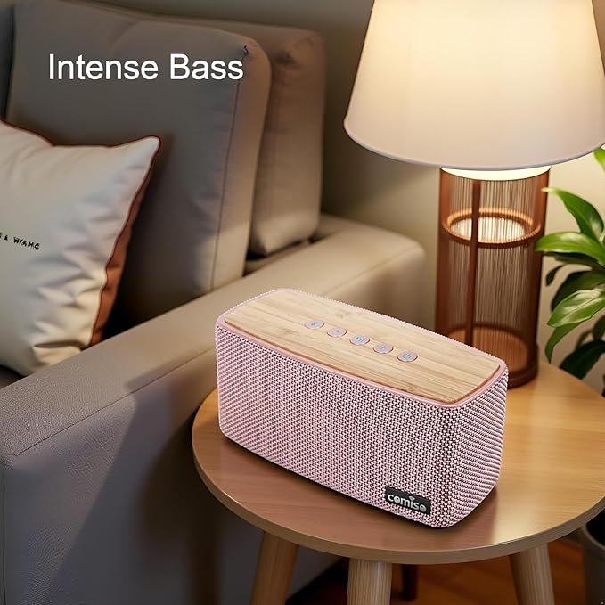 comiso Bluetooth Speakers, Portable Speaker 5.0 with 20W Stereo Sound, Wireless Stereo Pairing, Wood Bluetooth Audio with Subwoofer, 24H Playtime, Hands-Free, Great for Office, Home, Outdoor(Pink)