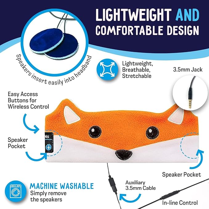 Toddler Headphones Wireless, Kids Bluetooth Earphones, Safe Volume - Wired School Headphones for Kids with 3.5 MM Jack and Travel Bag - Toddler Airplane Accessories for Boys & Girls - Fox