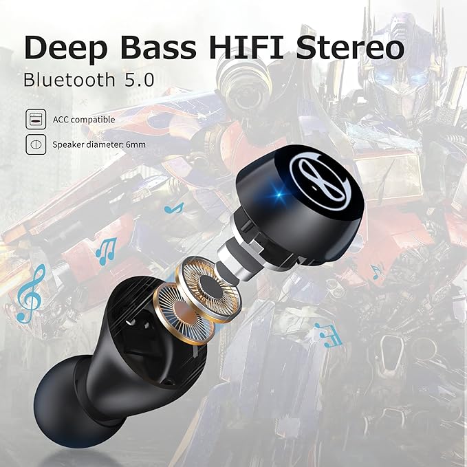 Wireless Earbuds, Bluetooth 5.0 Stereo Headphones, in-Ear Sweat-Proof Wireless Earphones Dual Mic and Noise Reduction, Touch Control Headset with Cartoon Blue Changing Men Charging Case