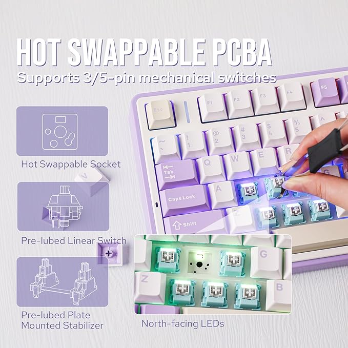 EPOMAKER x Aula F75 Gasket Mechanical Keyboard, 75% Wireless Hot Swappable Gaming Keyboard with Five-Layer Padding&Knob, Bluetooth/2.4GHz/USB-C, RGB (Purple, LEOBOG Reaper Switch)