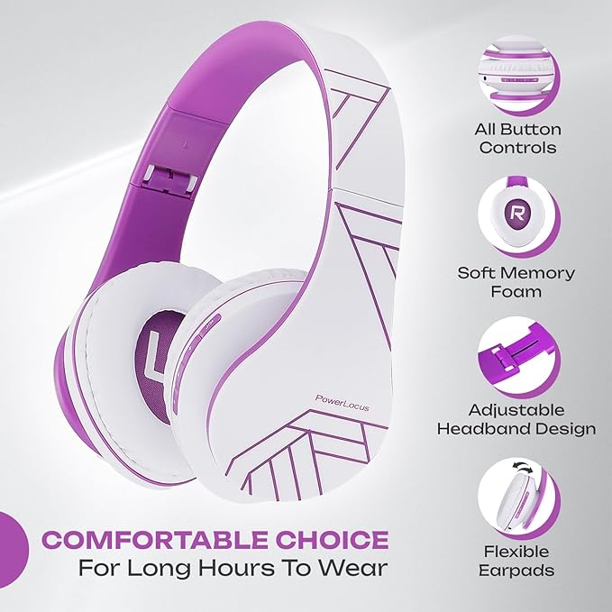PowerLocus Bluetooth Over-Ear Headphones, Wireless Stereo Foldable Headphones Wireless and Wired Headsets with Built-in Mic, Micro SD/TF, FM for iPhone/Samsung/iPad/PC (White/Violet)