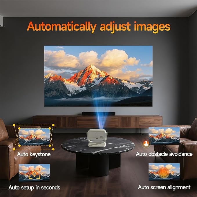 [Built-in Apps&Auto Focus] Portable Projector 1080P Smart Mini Projector Support 4K 180° Stand Auto Keystone with WiFi 6 Bluetooth Fabric Panel Movie Projector Compatible with TV Stick/Xbox/Laptop