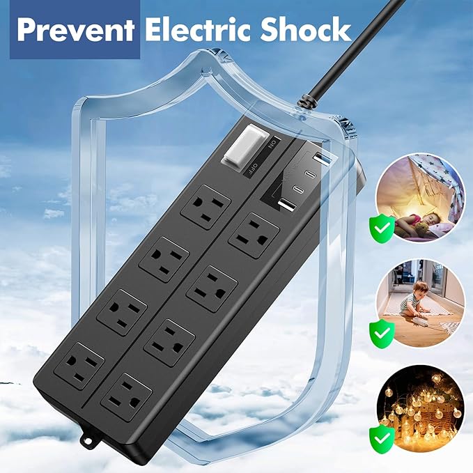VNJ Outdoor Power Strip with 8AC Outlets + 4USB Ports, IPX6 Waterproof Surge Protector, Safety Lock Design and ETL-Certified Cables, 10FT Extension Cord for Home, Garden, and Commercial Use