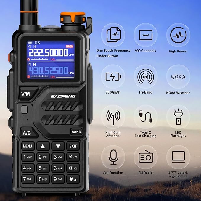 BAOFENG K5PLUS Tri Band Ham Radio Handheld,Walkie Talkies Long Range NOAA Weather Receiver High Power Two Way Radios with One Key Frequency Match,USB C Charger,999CH with Extra 2500mAh Battery 2 Pack