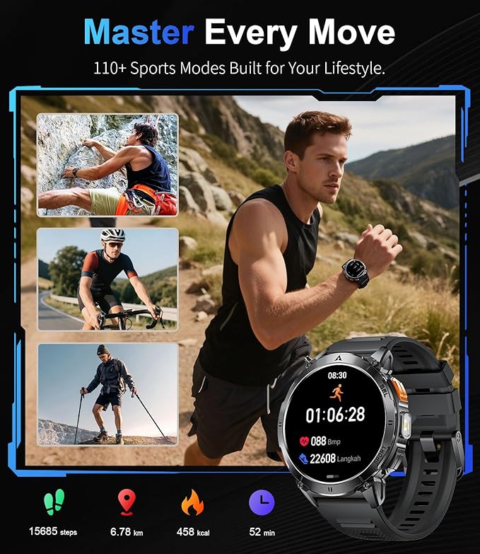 LIGE Smart Watches for Men with LED Flashlight/Call, 1,62'' HD AMOLED Screen 730mAh Military Smartwatches with 110+ Sports, 3ATM Fitness Tracker with 24/7 Heart Rate/Sleep for iOS Android, Black