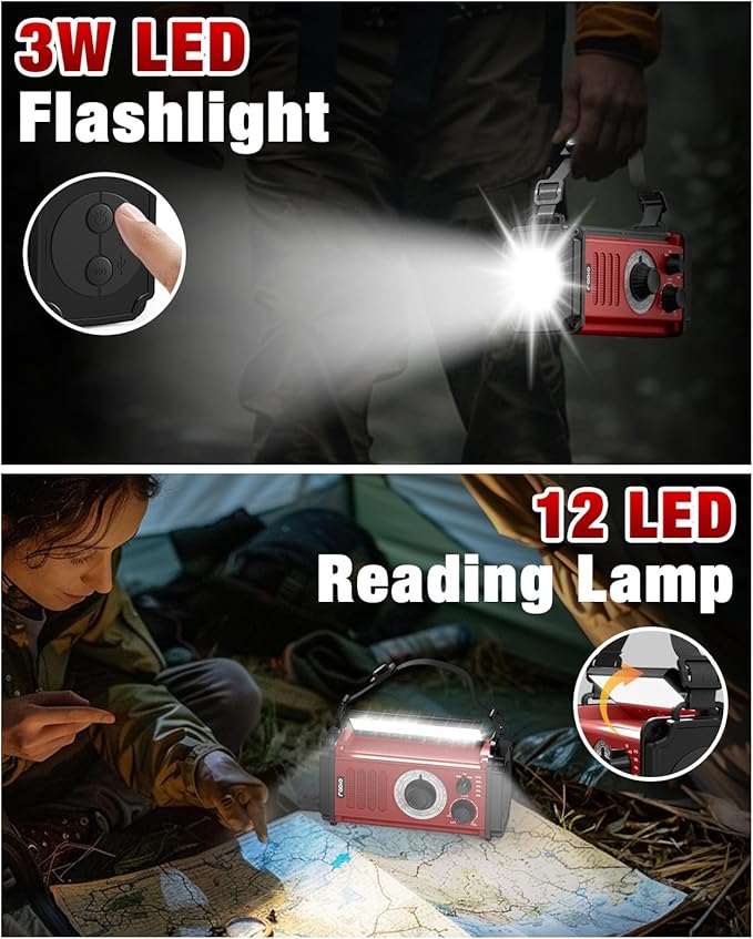 10000wAh/37000mWh Emergency Hand Crank Radio, Solar AM FM NOAA Weather Radio, 5 Charging Methods, Torch & LED Reading Light, SOS Alarm for Winter Storm Emergency, Red