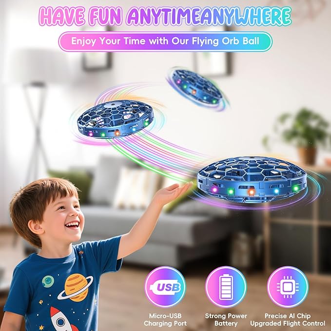 Flying Toy Drone for Kids，360° Hands Free Motion Sensors Mini Drone with Cool LED Lights,Easy Indoor Small UFO Toy Flying Ball Drone for Kids -Blue