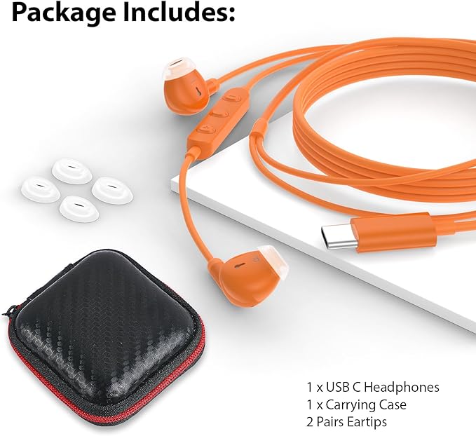 USB C Earbuds USB Type-C Headphones for iPad 10th Generation iPhone 17 16 Pro 15 Plus Galaxy S21 Wired Headphone Earphones with Microphone Volume Control Noise Isolating HiFi Stereo Headset Orange