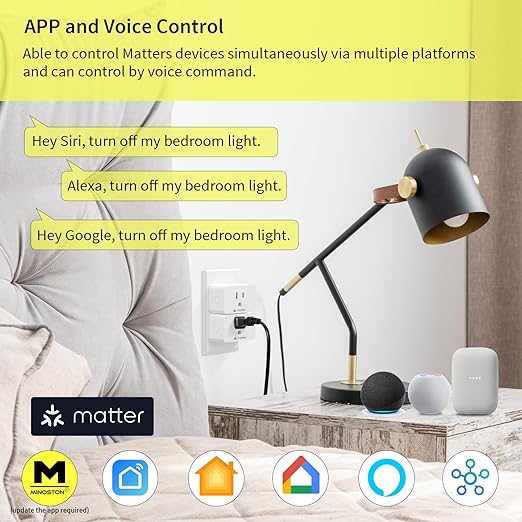 Minoston Matter Smart Plug, Compatible with Alexa, Google Home, Apple Home, SmartThings, Siri, Smart Outlet 15A Max, APP Remote Control, 2.4G Wi-Fi Only, Protect Privacy, 2 Pack