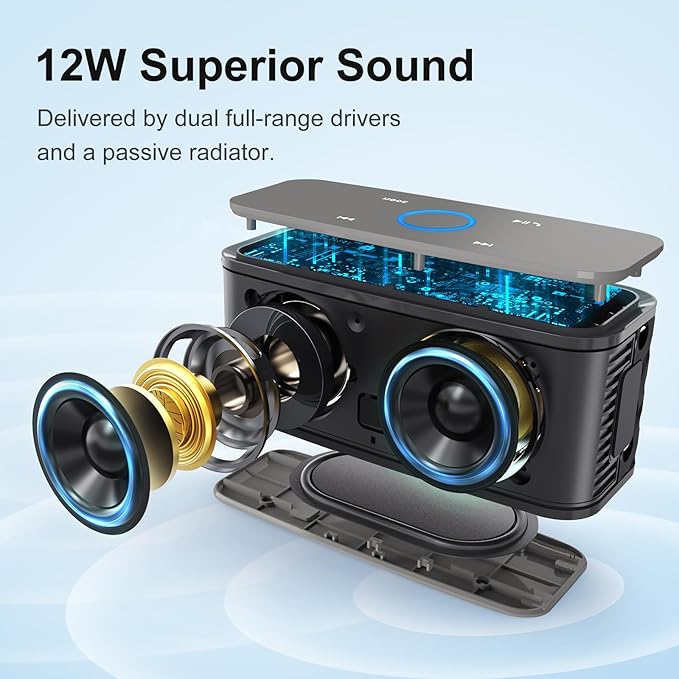 DOSS SoundBox Touch Wireless Bluetooth Speaker with 12W HD Sound and Bass, IPX5 Water-Resistant, 20H Playtime, Handsfree, Portable for Office, Home, Outdoor, Travel- Grey