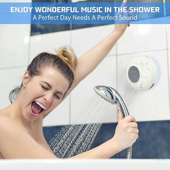 Waterproof Bluetooth Shower Speaker Portable Wireless Water-Resistant Speaker Suction Cup,Built-in Mic Gifts for Kids Speakerphone for iPhone Phone Tablet Bathroom Kitchen - White