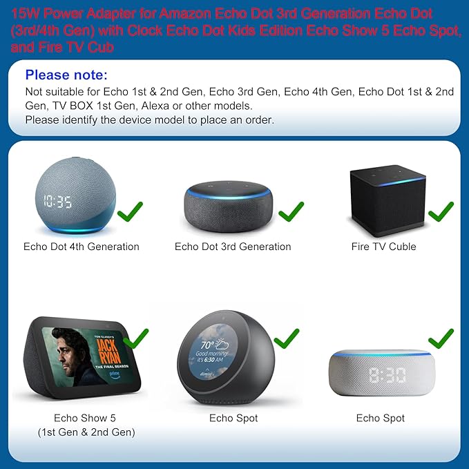 Amazon Echo Dot 3rd/4th Gen Power Adapter with Clock, Kids Edition, Show 5, Spot, Fire TV Cube AC/DC Adapter