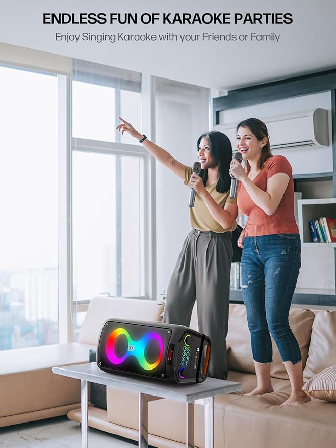 Karaoke Machine for Adults, Portable Bluetooth Speaker with 2 Wireless Microphones, PA System with Disco Lights for Big Party, Outdoor, Supports USB/TF/REC/AUX, Ideal Gifts for Family, Music Lover