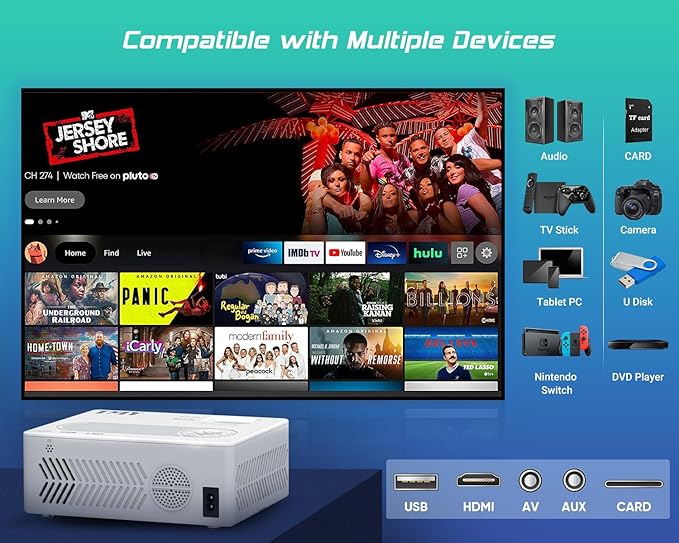 TMY Projector with WiFi and Bluetooth【100" screen included】Native 1080P Outdoor Projector, 4K Supported Portable Projector, Compatible with iOS/Android/PC/TV Stick/HDMI/USB, Indoor Outdoor Use