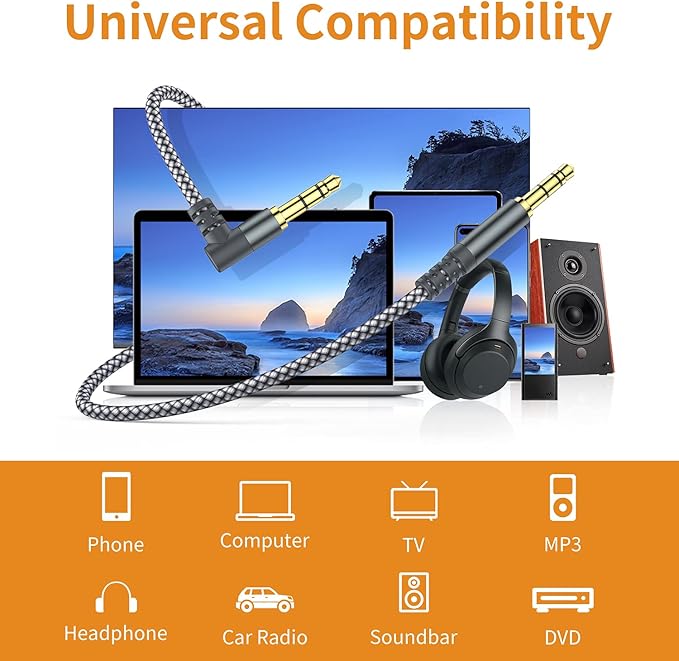 2 Pack Aux Cable, 6.6ft/2M TRS Auxiliary Cables 90 Degree Right 3.5mm Nylon Braided 1/8 AUX Cord for Car Compatible with Stereos, Speaker, iPod iPad Smartphone, Headphones Sony,Echo Dot,Beats- Grey