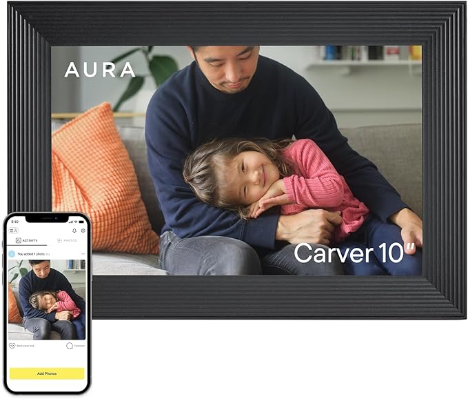 Aura Carver HD WiFi Digital Picture Frame, 10.1”, Add Photos with Aura App, Free Unlimited Storage - Wirecutter’s Pick for Best Digital Photo Frame 2022 - Gravel