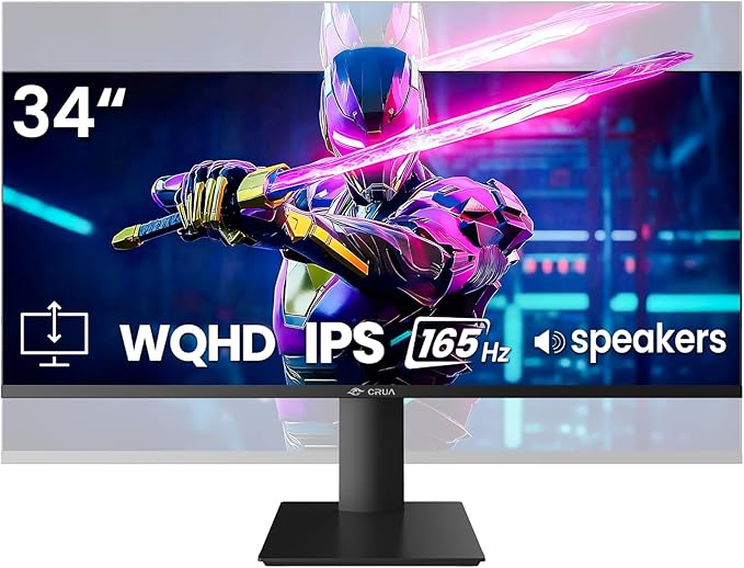 CRUA 34" Gaming Monitor, IPS WQHD(3440×1440P) 144Hz/165Hz Computer Monitor, 21:9 UltraWide Screen, 380cd/m², 120% sRGB, Support AMD FreeSync, Height Adjustable and with Speakers, Wall Mountable-Black
