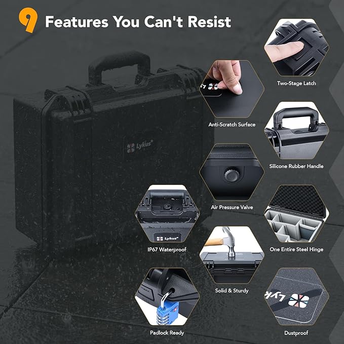 Lykus PVC1 Waterproof Hard Case with Padded Dividers for Cameras, Lenses, Dual DJI Mavic/Air/Mini drones [CASE ONLY]