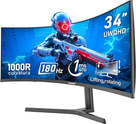 34 Inch Ultrawide Curved 180Hz Gaming Computer Monitor 1000R PC screen 21:9 UWQHD (3440x1440) ,1ms,100%sRGB,Adaptive Sync,HDMI、Display Port,Liftable Stand,Wall Mount Compatible 75*75mm-Black