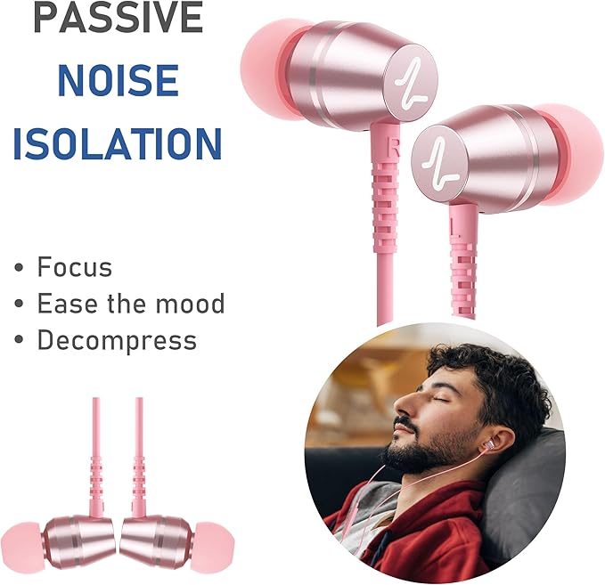 LUDOS OMNITONE Wired Earbuds in-Ear Headphones, 5 Years Warranty, Earphones with Microphone, 3.5 mm Jack Corded Ear Buds, Videoconference for iPhone, Samsung, Laptop, Kids, School Students - Pink