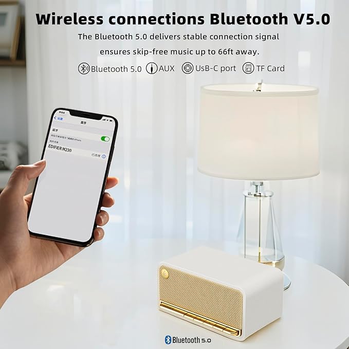 Edifier Retro Wood Bluetooth Speaker, Wireless Portable Speakers with 20W Stereo Sound, Vintage Decor Speaker with AUX,USB Soundcard Micro SD White