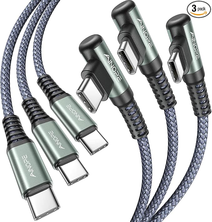 AINOPE USB C Cable to USB C 60W 3-Pack 3.3FT+6.6FT+10FT Nylon Braided Type C Charger Fast Charging Right Angle USBC to USBC Cable Charger Cord for iPhone 16 Pro Max 15 Samsung S25 Ultra S24 iPad Pro