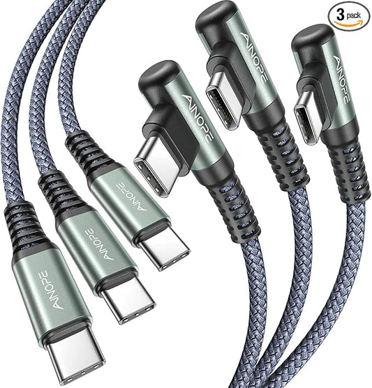 AINOPE USB C Cable to USB C 60W 3-Pack 3.3FT+6.6FT+10FT Nylon Braided Type C Charger Fast Charging Right Angle USBC to USBC Cable Charger Cord for iPhone 16 Pro Max 15 Samsung S25 Ultra S24 iPad Pro