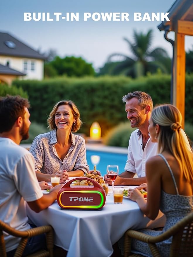 TPone Portable Bluetooth Speaker, 30W (Peak) Wireless Speaker for Outdoor, Up to 12H Playtime, IPX5 Waterproof with Light, TWS Pairing, for Home/Party/Outdoor/Beach, Birthday Gift (Red)