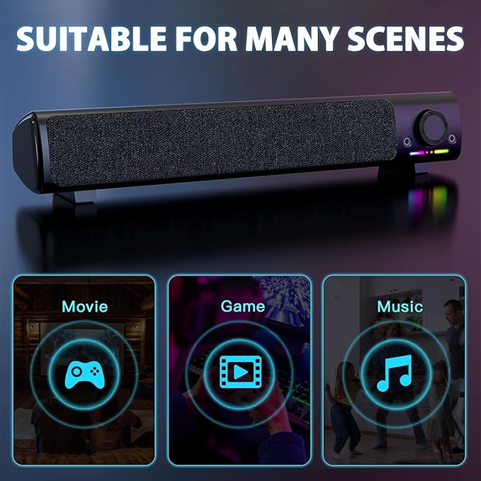 Computer Speakers, USB Powered 3.5mm AUX PC Sound Bar for Desktop Monitor, Gaming Speakers with Headphones & Microphone Link, Superb Stereo Sound, Plug-n-Play (Black)