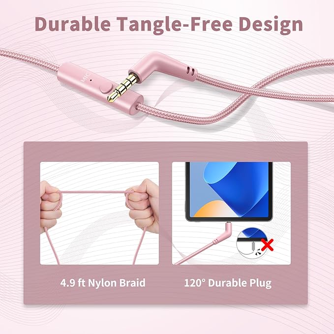Wired Headphones with Microphone, Over Ear 3.5mm Plug in Headphones with 4.9ft Tangle-Free Nylon Cord for Tablet, Laptop, MP3/4, School, Airplane Travel (Pink)