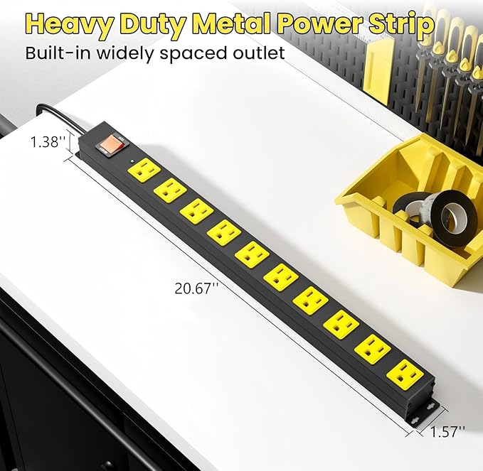 10 Outlet Metal Power Strip with 2100J Surge Protector, Heavy Duty 10FT Extension Cord, Wide Spaced Outlets and Wall Mount for Garage, Workshop, Industrial, Home (10ft)