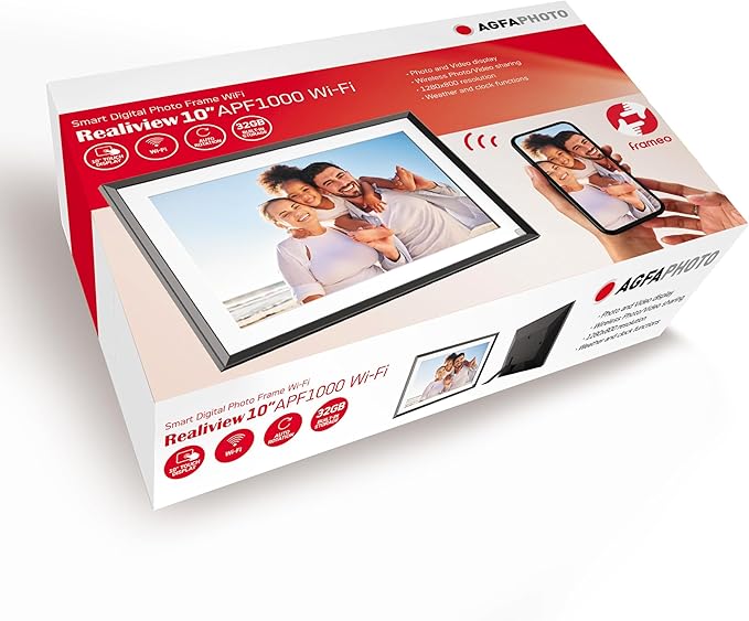 AGFA Photo Connected Digital Photo Frame Realiview APF1000 Wi-Fi 10 inch LCD - Display Photos/Videos, Clock, Weather, Auto Rotation, 32GB Memory, FRAMEO iOS/Android App Included - Black