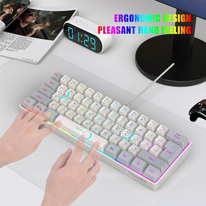 Snpurdiri 60% Wired Gaming Keyboard, 61 Keys RGB Backlit Small Gaming Keyboard for PC/Mac Gamer, Typist, Travel, Easy to Carry on Business Trip(Grey-White)