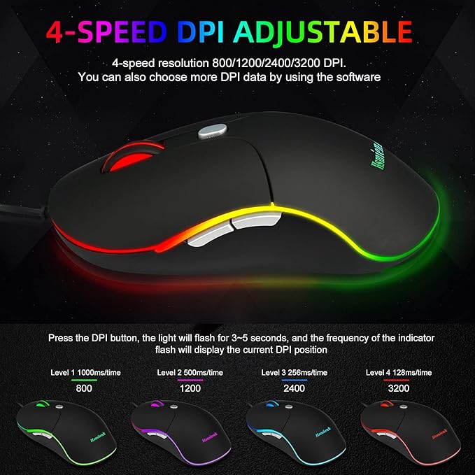 Wired Mouse, Mouse for Laptop with Easy Click for Office, Home, Gamer, 3200DPI, Programmable Buttons, USB LED Backlit Mice Wired Computer Mice Compatible with Laptop, PC, Desktop, Black