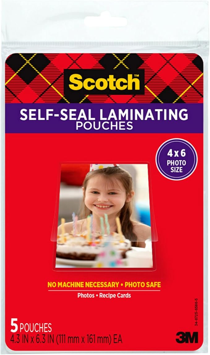 Scotch Self-Sealing Laminating Pouches, 4 x 6 Inches, 3-Pack of 5 Pouches – No Machine Needed, Clear, Photo Safe