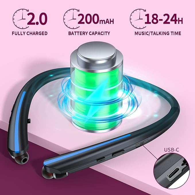 Bluetooth Retractable Headphones Wireless Neckband Headset with Sweatproof Stereo Earbuds for Running/Sports/Driving/Workouts (Black Blue)