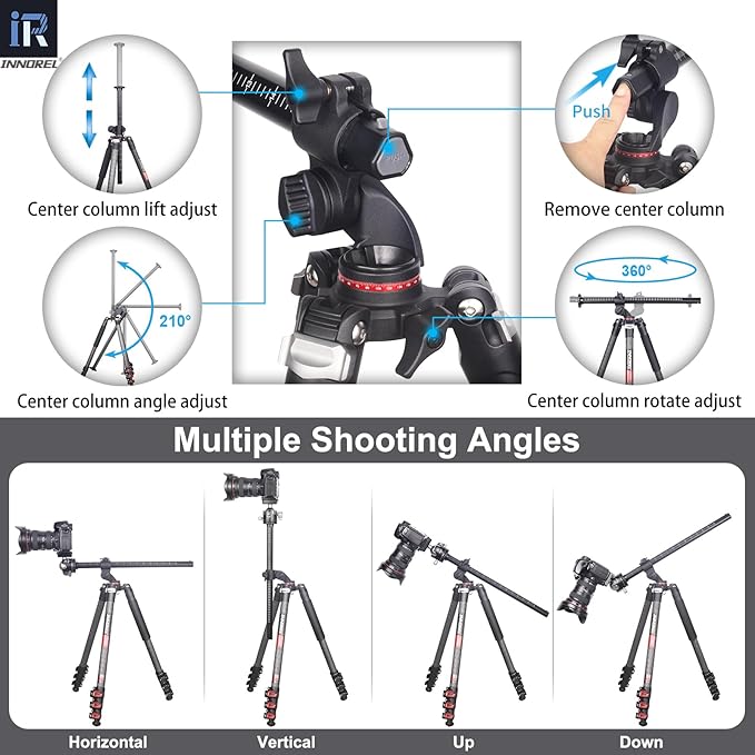 Carbon Fiber Horizontal Tripod INNOREL YT284C, Rotatable Multi-Angle Center Column and 46mm Low Gravity Ballhead Professional Camera Tripod Monopod for DSLR Video Camcorder Overhead Shooting Load 20kg