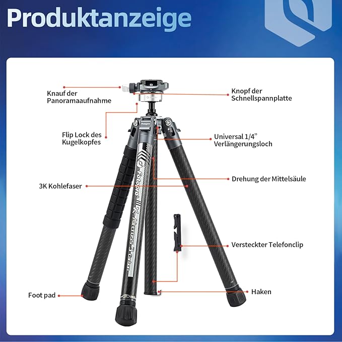 Fotopro Carbon Fiber Tripod 1.7lbs Ultralight 62 Inch Portable Compact Travel Tripod for Camera DSLR Load up to 22lbs X-Aircross 3 Lite Grey