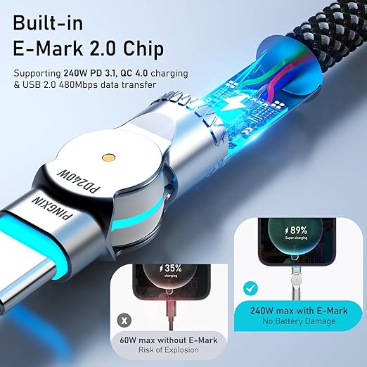 USB C to USB C Cable 6.6ft 240W, 180°Rotating USB C Cable Braided Type C Charger Cable Fast Charge for iPhone 16/16Pro/16Plus/16ProMax,MacBook Air,iPad Pro,Pixel,Samsung Galaxy S23/S24 Ultra-Black