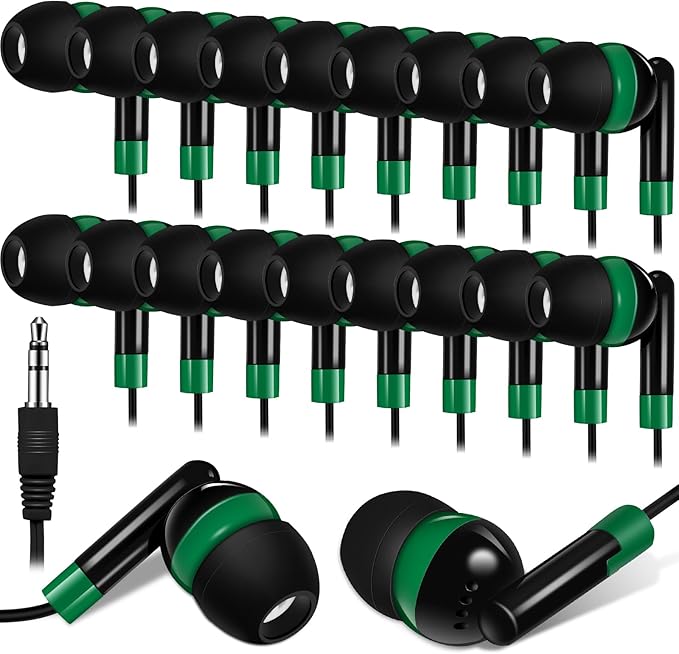 Kanayu 100 Pack Wired Earbuds Bulk for Classroom Ear Headphones Wired Basic Student Earbuds No Microphone with 3.5mm Jack for Kids Class Laptop School Library, Individually Bagged(Green)