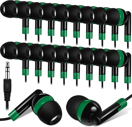 Kanayu 100 Pack Wired Earbuds Bulk for Classroom Ear Headphones Wired Basic Student Earbuds No Microphone with 3.5mm Jack for Kids Class Laptop School Library, Individually Bagged(Green)
