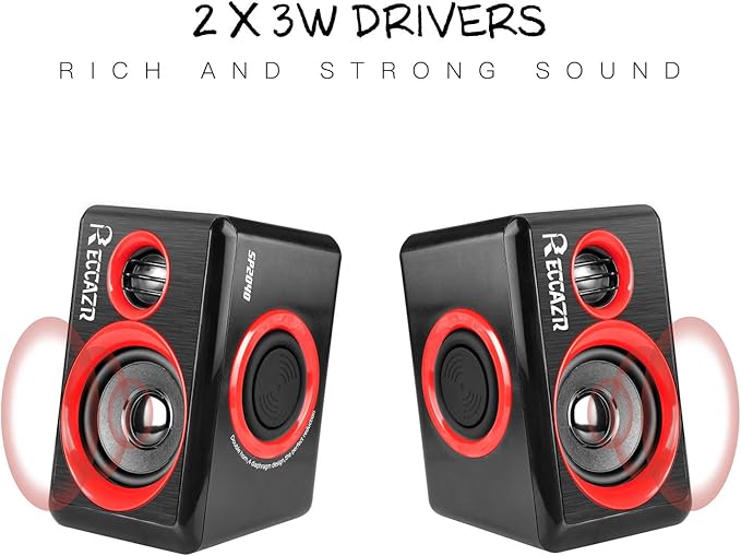 Computer Speakers, 2.0 CH PC Speakers with Surround Sound, USB Wired Laptop Speakers with Deep Bass for Desktop Computer/PC/Laptops/Smart Phone Build-in 4 Loudspeaker Diaphragm Reccazr SP2040|RED
