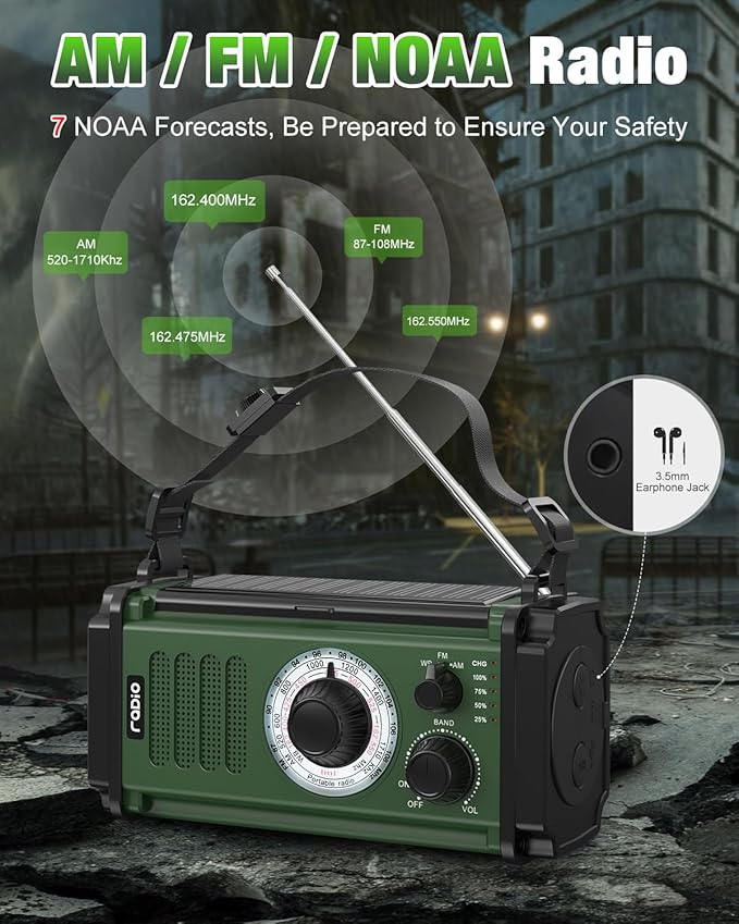 10000mAh Emergency Radio, Solar Radio, Hand Crank Radio, NOAA AM FM Weather Radio, 4 Charging Methods, Polymer Battery, Flashlight & Reading Lamp, SOS Alarm, Phone Charger for Emergency