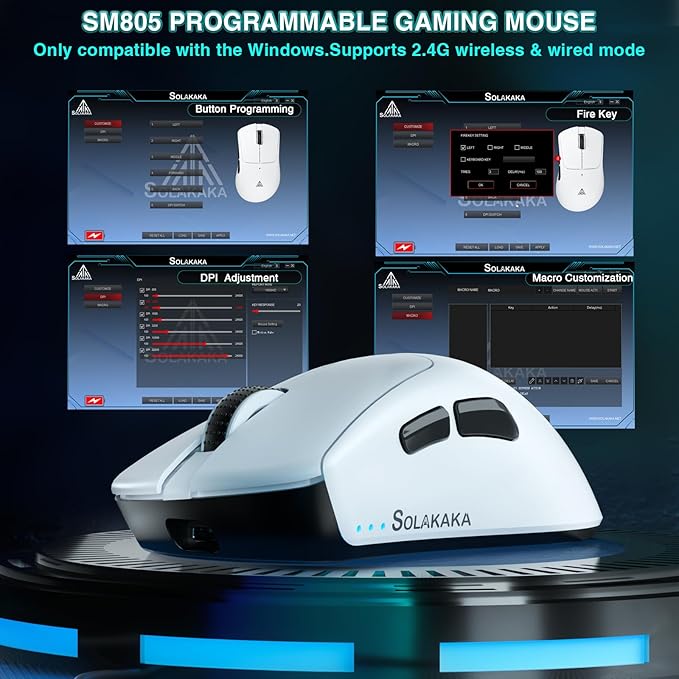 SM805 Lightweight Wireless Gaming Mouse,24000 DPI,Tri-Modes Connection,BT5.0/Type-C Wired/2.4G Wireless Mouse Gaming with 2 Side Buttons, Engineering Grip Custom Mouse for Gamer,White