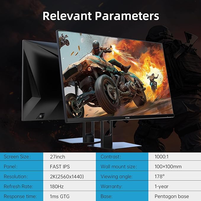 KTC 27” Gaming Monitor 180Hz QHD(2560× 1440p), 1MS,Fast IPS Monitor,122% sRGB,1X DP & 2X HDMI,HDR 10,VESA,FreeSync 144Hz 2K Monitor Black