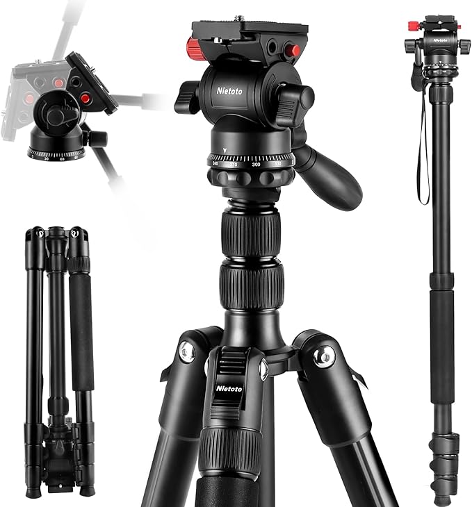 Professional Video Tripod, 68" Camera Tripod Monopod with Fluid Head, Aluminum Heavy Duty Tripod with Carry Bag, Compatible with Canon Nikon Sony and Camcorder, Extra QR Plate and Cellphone Holder