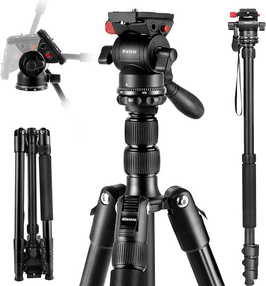 Professional Video Tripod, 68" Camera Tripod Monopod with Fluid Head, Aluminum Heavy Duty Tripod with Carry Bag, Compatible with Canon Nikon Sony and Camcorder, Extra QR Plate and Cellphone Holder